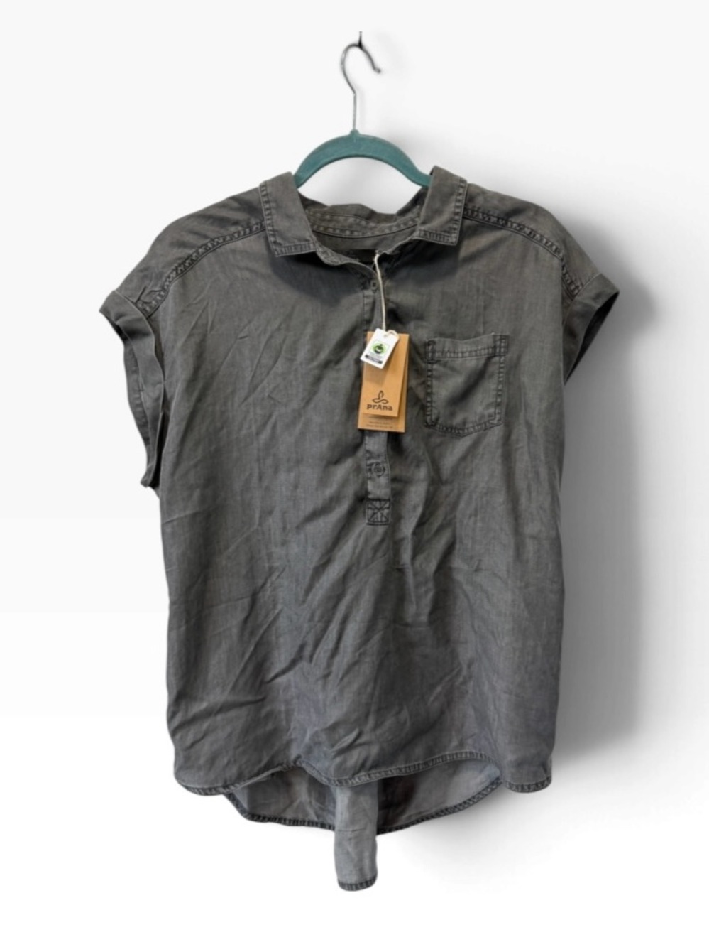 NWT Prana High Low Dark Grey Washed Casual Button Up Lightweight Size Large